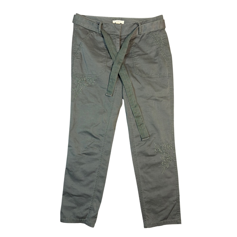 LOFT Olive Green Floral Embroidered Utility Chino Pants‎ with Belt Womens Size 2